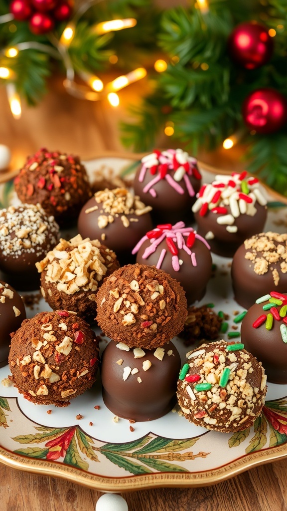 A plate of assorted chocolate truffles in festive coatings, surrounded by holiday decorations.